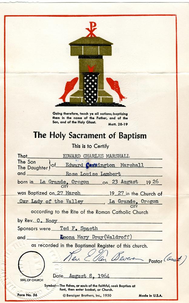 1964, 08, 08:  Edward Marshall's Baptism Certificate